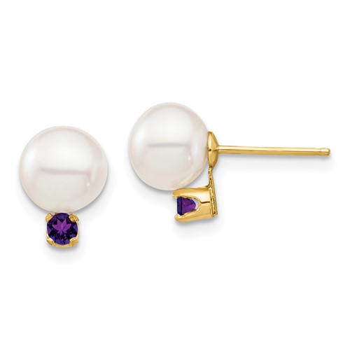 14k Yellow Gold 7.5mm Freshwater Cultured Pearl and Amethyst Stud Earrings