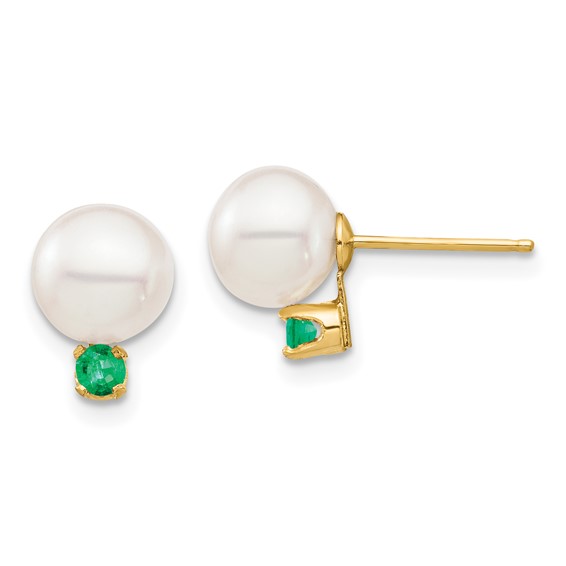 14k Yellow Gold 7.5mm Freshwater Cultured Pearl and Emerald Post Earrings