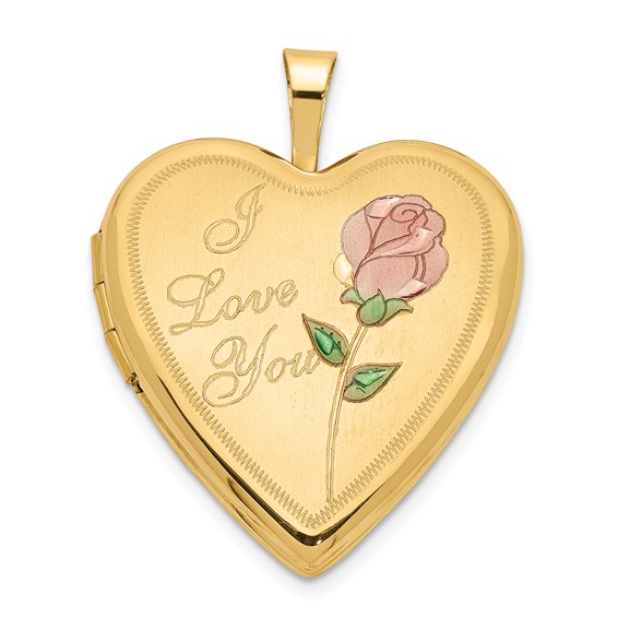 14k Yellow Gold Enamel Rose I Love You Heart Locket