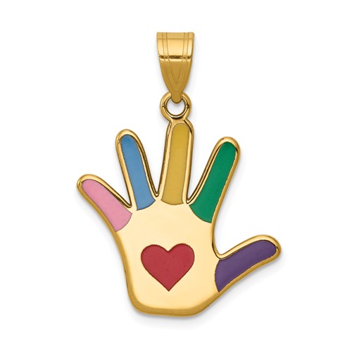 14k Yellow Gold Enameled Autism Handprint Pendant with Heart 3/4in