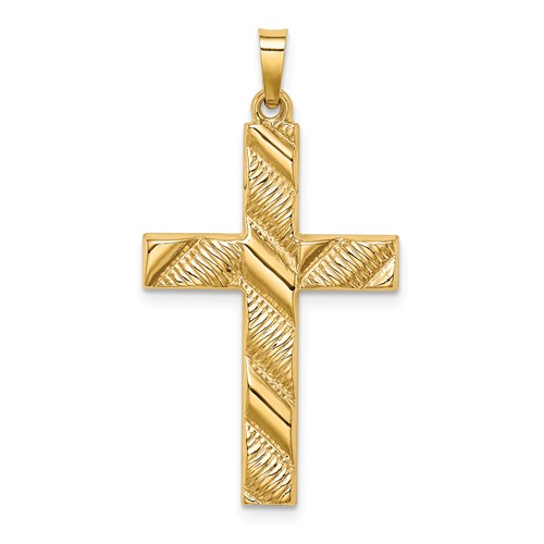 14k Yellow Gold Hollow Polished Rippled Latin Cross Pendant 1in