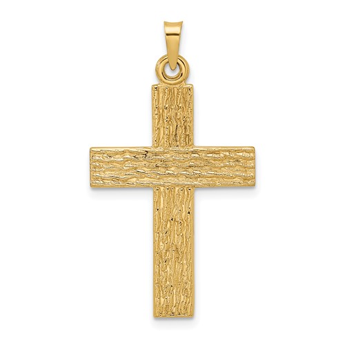 14k Yellow Gold Wood Texture Cross Pendant 1in