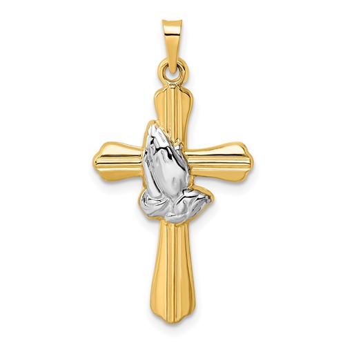 14k Two-tone Gold Hollow Praying Hands Cross Pendant 1in