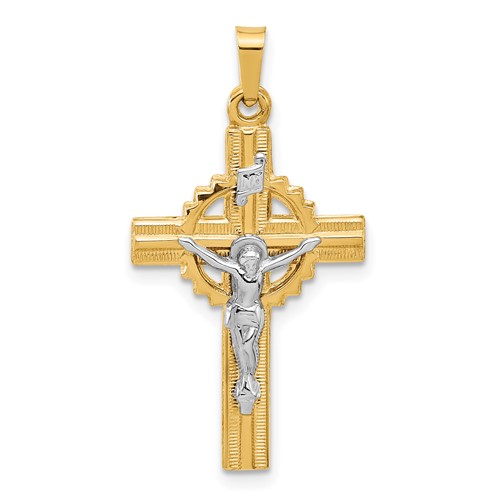 14k Two-tone Gold Textured Hollow INRI Crucifix Pendant 1in