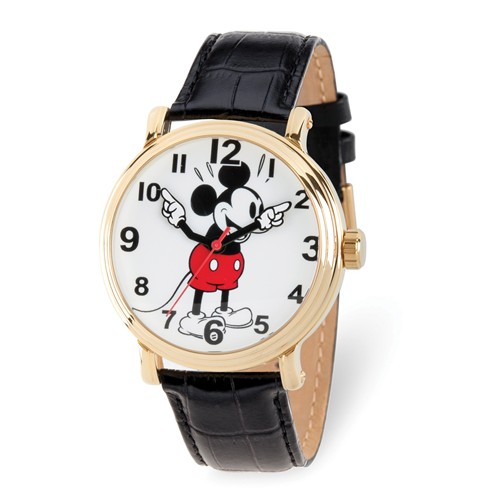 Black Leather Gold-tone Grinning Mickey Mouse Watch