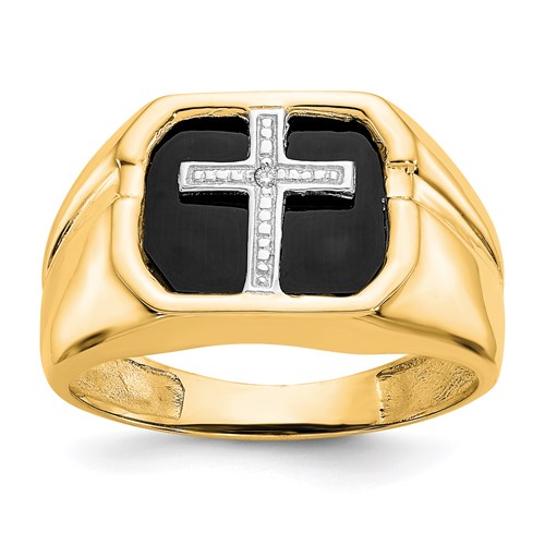 14k Yellow Gold Men's Cross Ring with Black Onyx and Diamond Accent