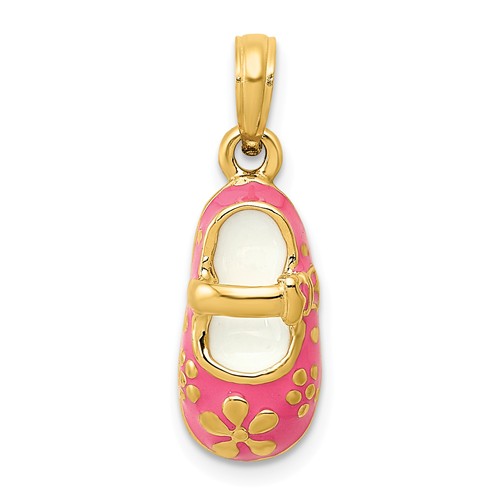 14k Yellow Gold Pink Enamel Baby Shoe Pendant