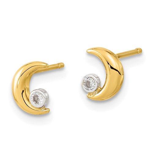 14k Yellow Gold and Rhodium Cubic Zirconia Half Moon Post Earrings