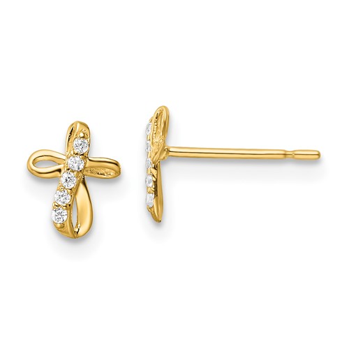 14k Yellow Gold CZ Rounded Cross Post Earrings