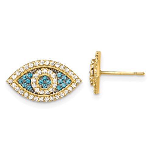 14k Yellow Gold Aqua Blue and White Cubic Zirconia Evil Eye Stud Earrings