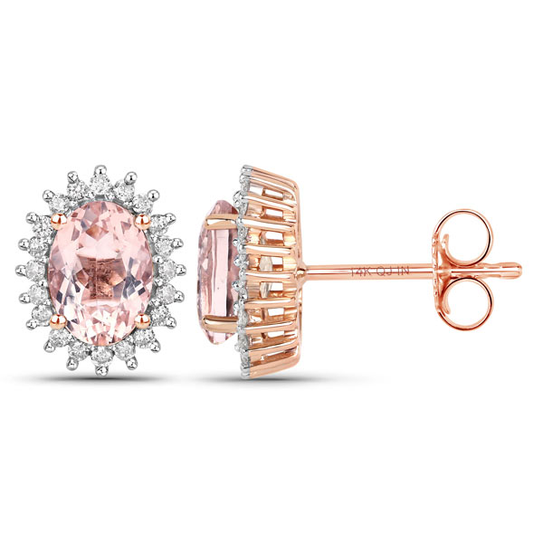 14k Rose Gold 1.6 ct tw Oval Morganite and Diamond Halo Earrings