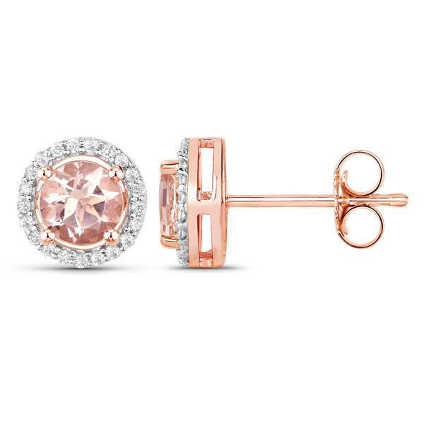 14k Rose Gold 0.92 ct tw Round Morganite and Diamond Halo Earrings