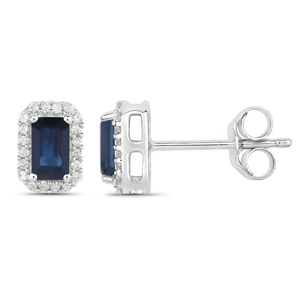  14k White Gold .90 ct tw Emerald-cut Blue Sapphire and Diamond Halo Earrings