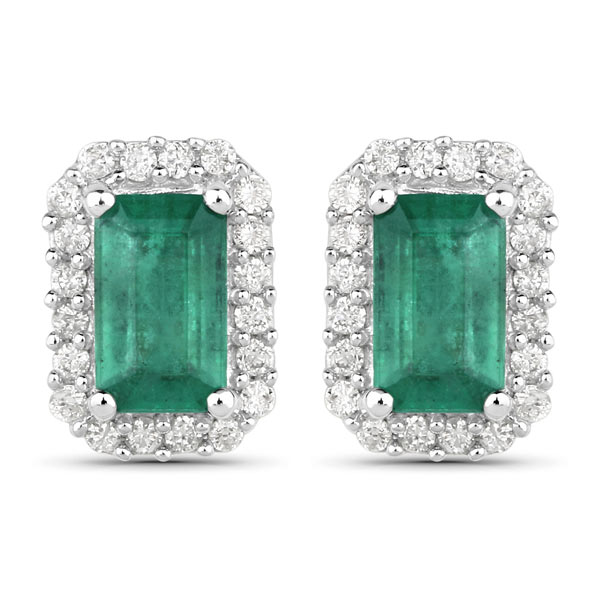 14k White Gold 0.91 ct tw Emerald and Diamond Halo Earrings