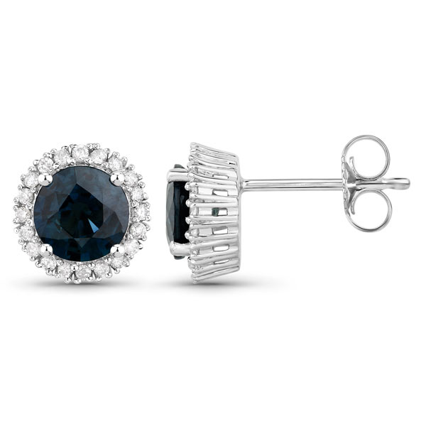 14k White Gold 2.1 ct tw Blue Sapphire and Diamond Classic Halo Earrings