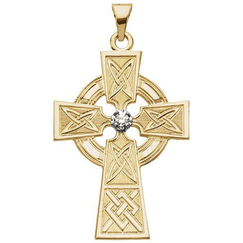 14k Yellow Gold .06 ct Diamond Celtic Cross Pendant 1 1/4in