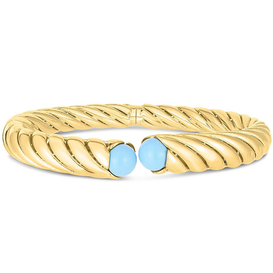 Phillip Gavriel 14k Yellow Gold Artisan Sculpted Turquoise Bangle Bracelet