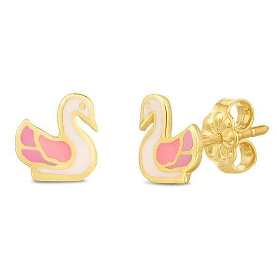 14k Yellow Gold Enamel Swan Earrings