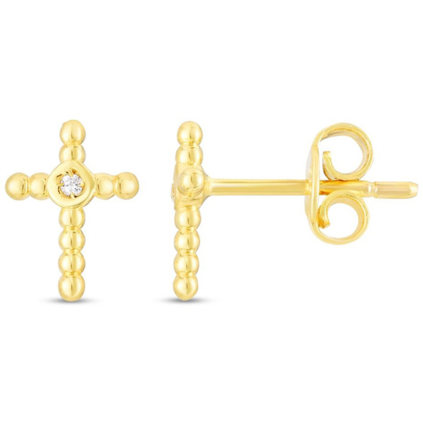 14k Yellow Gold Diamond Cross Popcorn Earrings