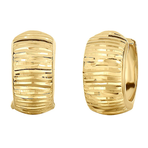 14k Yellow Gold Reversible Polished Linear Diamond Cut Huggie Earrings