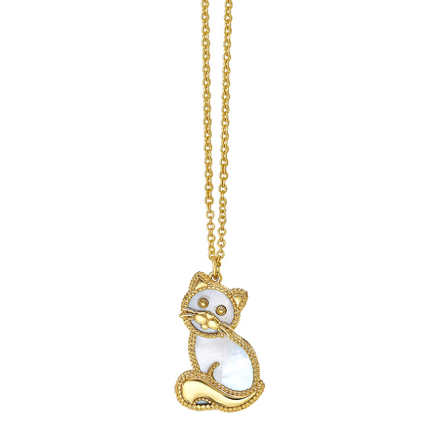 14k Yellow Gold Mother of Pearl Cat Necklace