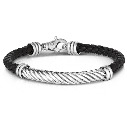 Phillip Gavriel Sterling Silver Men's Twisted Cable Bar Leather