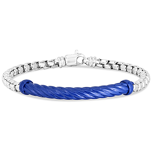 Sterling Silver Men's Blue Enamel Bar and Cable Link Bracelet