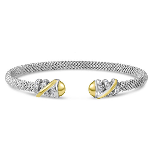 Phillip Gavriel Sterling Silver and 18k Gold Tally Cuff Bangle Bracelet with Diamonds