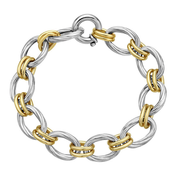 Phillip Gavriel Sterling Silver and 18k Gold Textured Cable Double Link Bracelet 7.5in