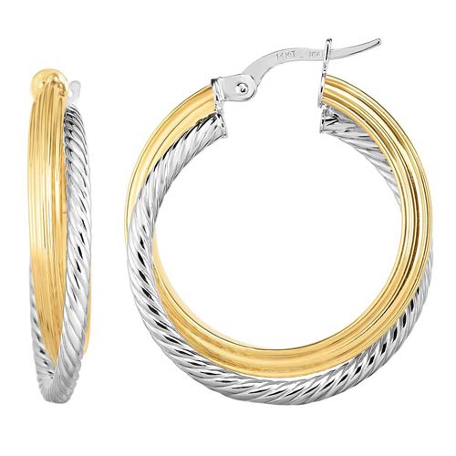 14k Two-tone Gold Intertwine Round Hoop Earrings 3/4in