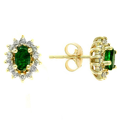 14k Yellow Gold .50 ct tw Oval Emerald and Diamond Halo Stud Earrings