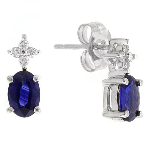 14k White Gold 1.2 ct Oval Blue Sapphire Stud Earrings With Diamond Clusters