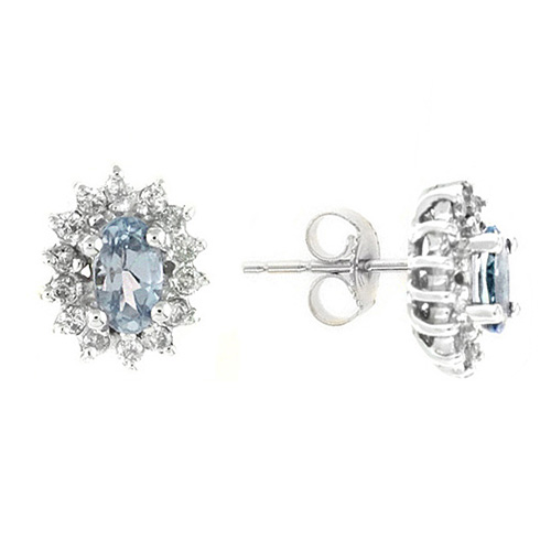 14k White Gold .40 ct tw Oval Aquamarine and Diamond Halo Stud Earrings