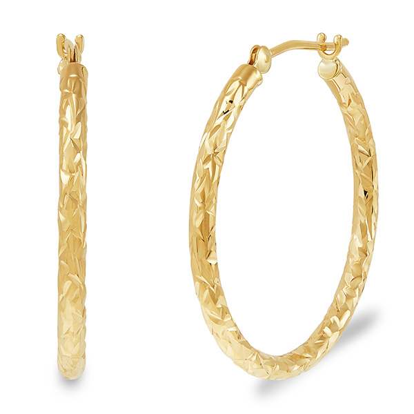 14k Yellow Gold 1in Crystal Cut Round Hoop Earrings 2mm