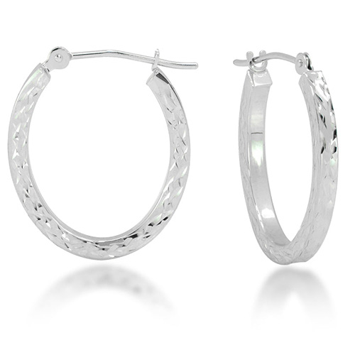 14k White Gold Diamond-cut Oval Hoop Earrings With Square Edges SC ...