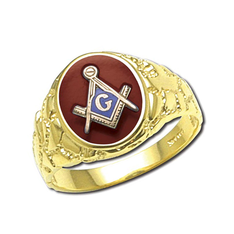 10kt Yellow Gold Red Stone Masonic Ring with Nugget Texture FG8930RD