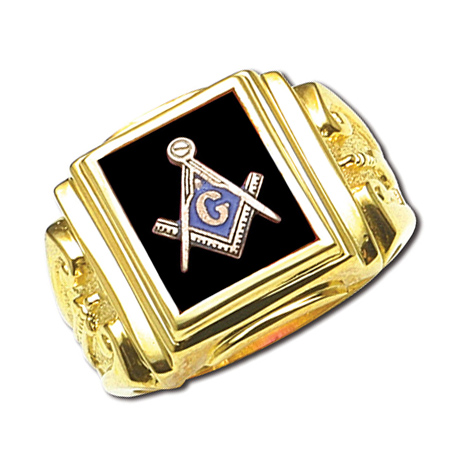 10kt Yellow Gold Beveled Masonic Ring with Black Stone