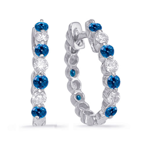 14k White Gold 0.80 ct tw Blue Sapphire and Diamond Hoop Earrings