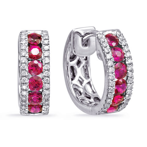 14k White Gold 1.05 ct tw Ruby and Diamond Hoop Earrings