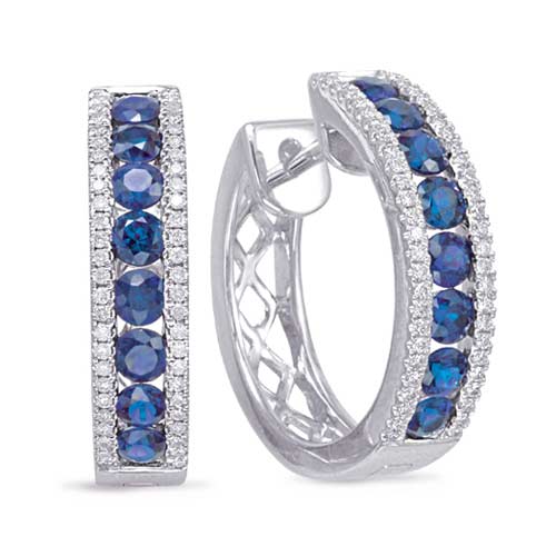 14k White Gold 1.5 ct tw Blue Sapphire Hoop Earrings with Diamond Accents