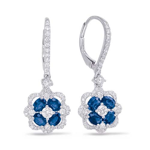 14k White Gold 1.5 ct tw Blue Sapphire Floral Leverback Earrings with Diamond Accents