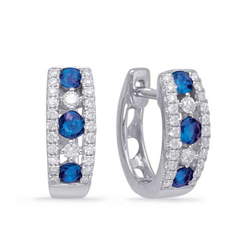 14k White Gold .40 ct tw Blue Sapphire Hoop Earrings with Diamond Accents