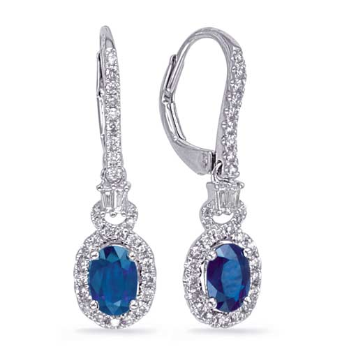 14k White Gold 1.1 ct tw Oval Blue Sapphire Dangle Lever Back Earrings with Diamond Accents