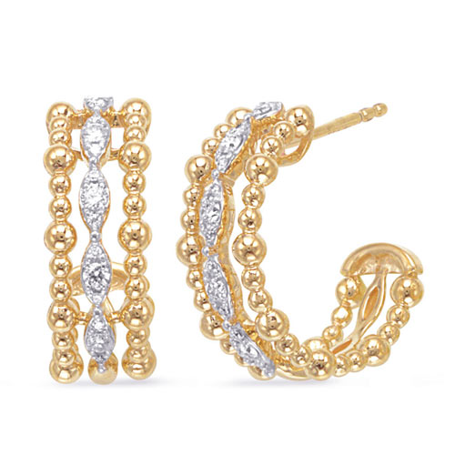 14k Yellow Gold .20 ct tw Diamond C Hoop Earrings with Bead Design