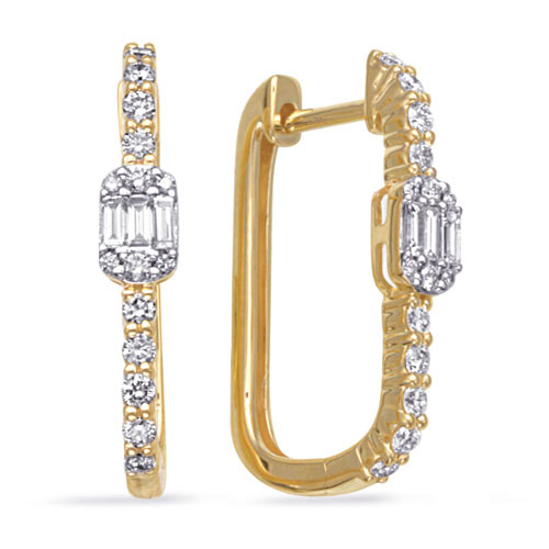 14k Yellow Gold .50 ct tw Baguette and Round Diamond Huggie Earrings