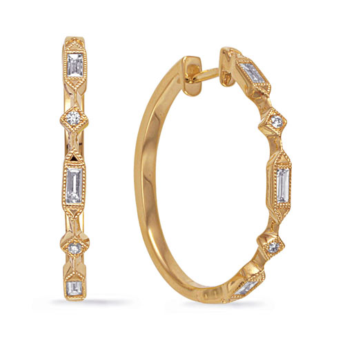 14k Yellow Gold .36 ct tw Round and Baguette Diamond Hoop Earrings