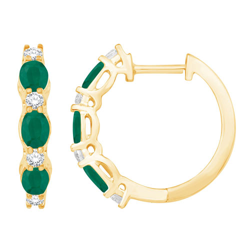 14k Yellow Gold 1.07 ct tw Oval Emerald and Round Diamond Hoop Earrings