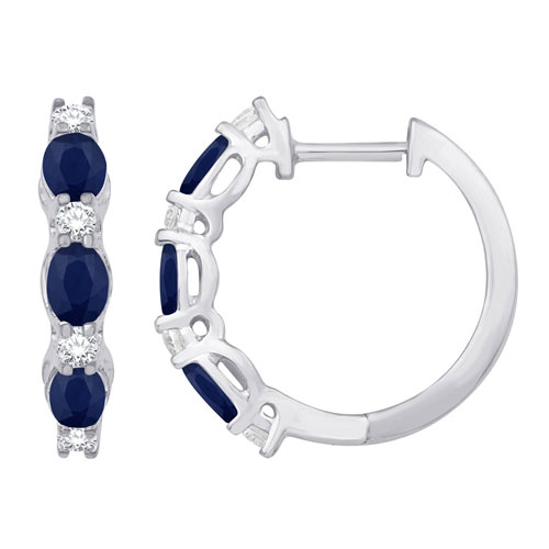 14k White Gold 1.52 ct tw Oval Blue Sapphire and Round Diamond Hoop Earrings