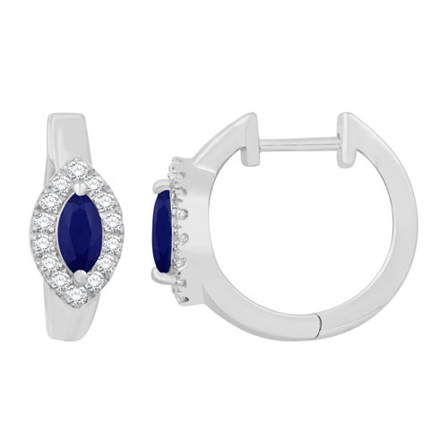 14k White Gold 0.88 ct tw Marquise Blue Sapphire and Round Diamond Hoop Earrings