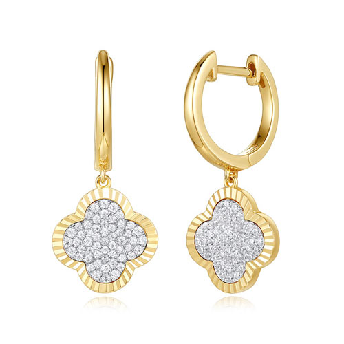 14k Yellow Gold 0.32 ct tw Diamond Micro Prong Clover Dangle Hoop Earrings